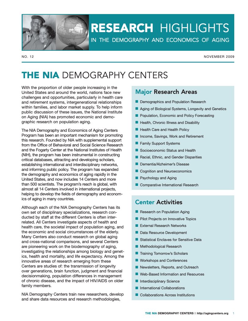 The NIA Demography Centers, 2009 | PRB Data Center