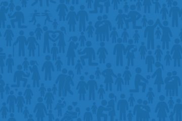 blue background with stick figures of couples and families